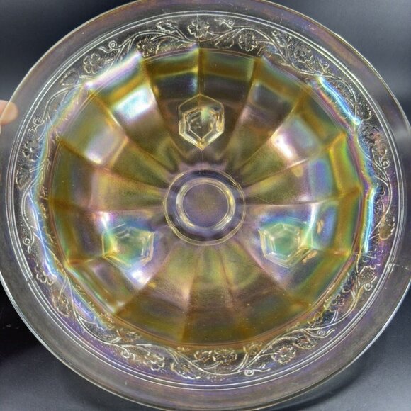 Vintage Marigold Carnival Glass Footed Dish Bowl Iridescent Finish Glass Decor - Picture 4 of 14